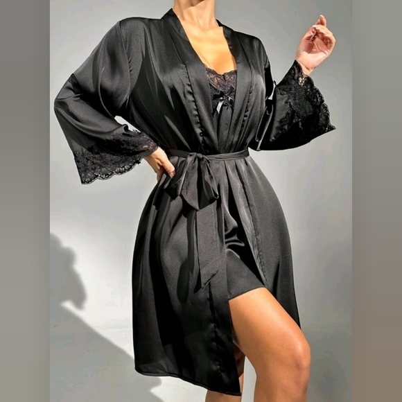 Luxe Lace Trim Satin Robe with Slip Night Dress Set - Picture 3 of 4